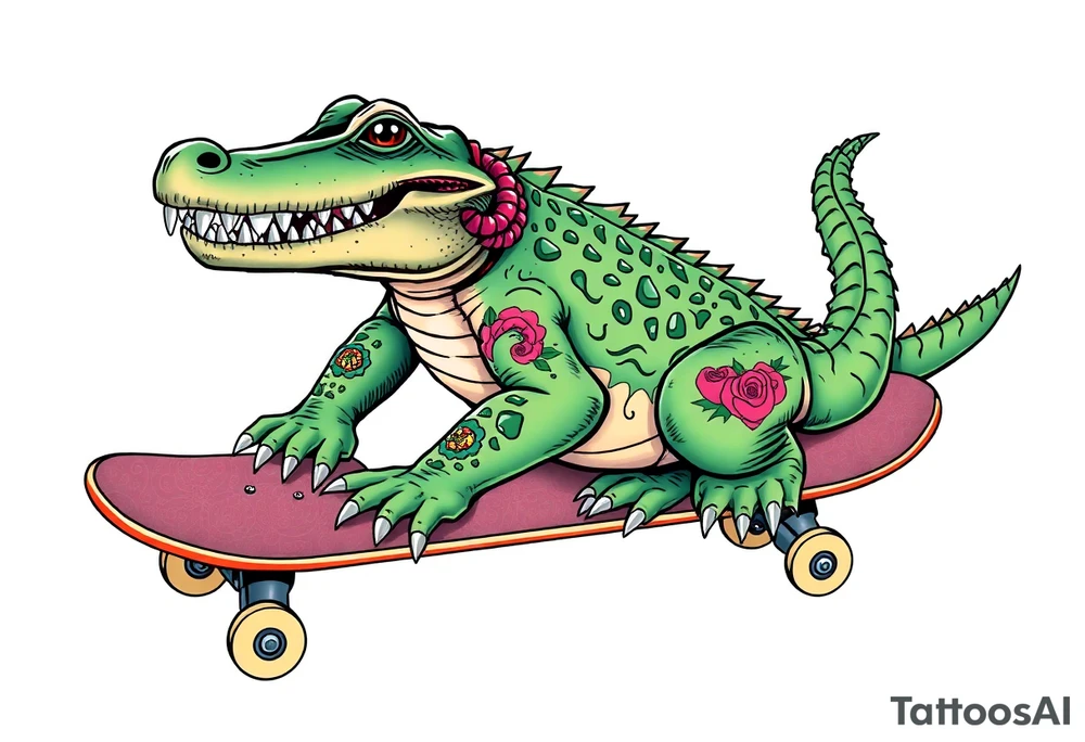 crocodile riding a skateboard with piercings and tattoos tattoo idea