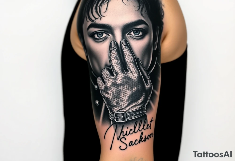 The ultimate black and grey realism tattoo sleeve design for an upper arm, celebrating Michael Jackson's entire career. A vertical masterpiece collage: Top features his hyper-realistic eyes from the Dangerous album peering through stage smoke. Middle shows a crisp, detailed portrait from the Bad era with high-contrast jacket buckles. Bottom section displays his hand in the sparkling sequin glove holding his fedora hat. The design smoothly fades out into his official autograph written in clean fine-line script at the very bottom. Photorealistic, cinematic lighting, deep blacks, master shading --ar 2:3 tattoo idea