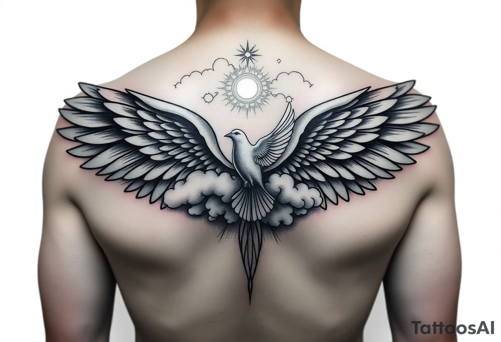 Tattoo is going to be on the left forearm and be a sleeve spreading out to my hand and a little on the fingers. 
Tattoo will be all black 
Theme is memorial 
Center pieces will be angle wings 
There will be clouds filling in the empty space and religious can be added into it also there will be doves moving into the clouds with a beacon of light reflecting moving onto heaven the amount of doves will be 6 flying into the sky Main dove will be my grandma who passed on April 13, 2023 tattoo idea