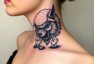 Big bad wolf nursery rhyme wearing a sheep costume with sheep head hood to kill and eat the three little pigs and little red riding hood in the woods tattoo idea