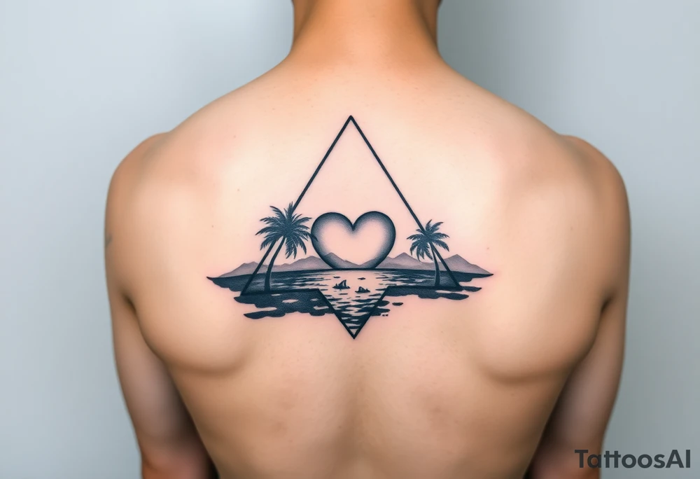 A triangle with a heart in the center and a ocean with palm trees in background tattoo idea