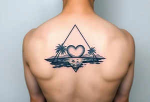 A triangle with a heart in the center and a ocean with palm trees in background tattoo idea