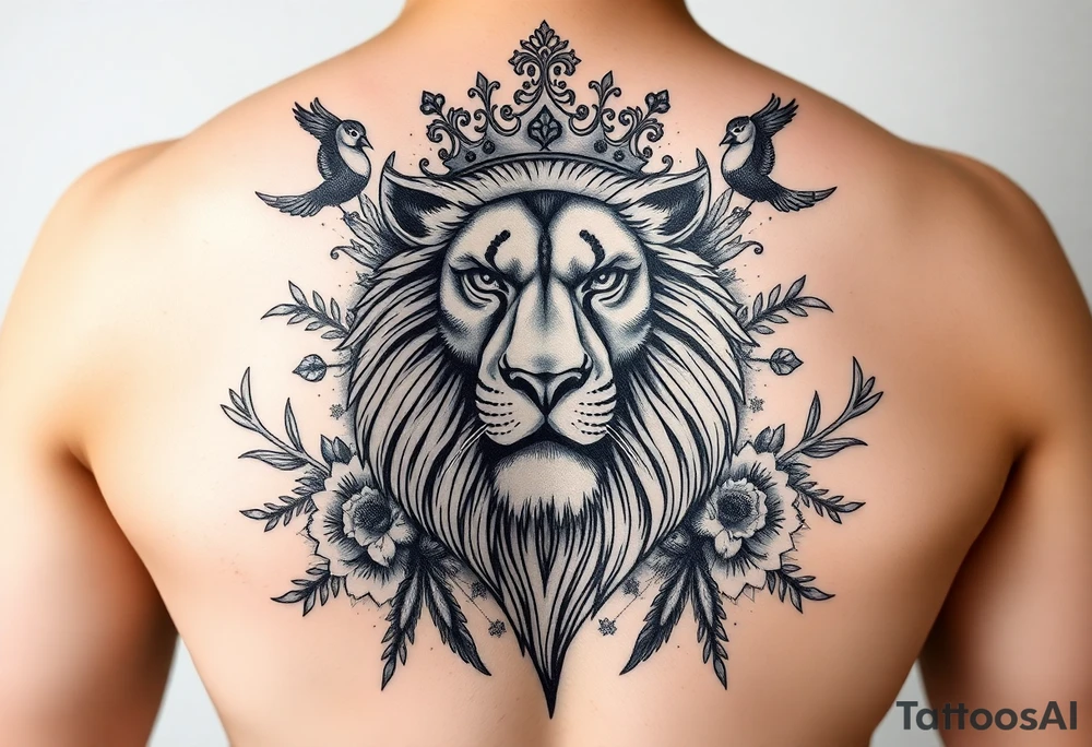 powerful majestic lion with a crown, surrounded by floral ornaments and birds tattoo idea