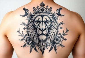 powerful majestic lion with a crown, surrounded by floral ornaments and birds tattoo idea