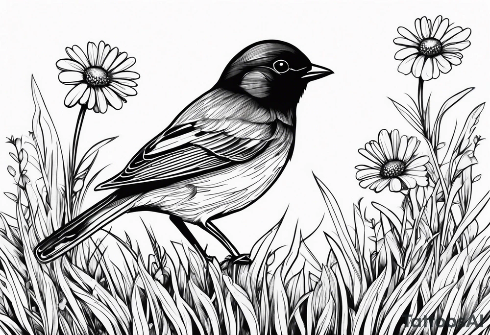Little bird perched in grass with daisy tattoo idea