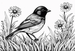Little bird perched in grass with daisy tattoo idea