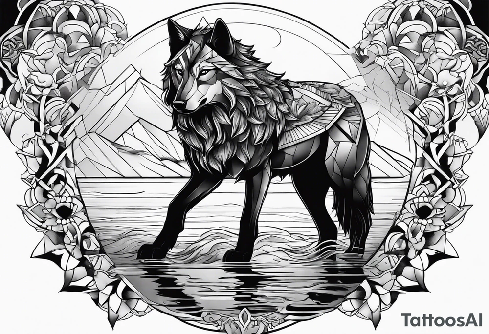 the warrior looks into the water and there is the reflection of a wolf tattoo idea