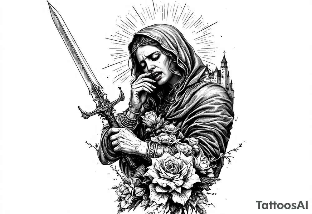 Saint Barbara crying and holding sword with castle tower in the back and roses tattoo idea