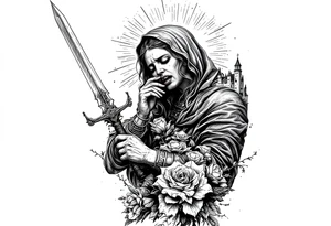 Saint Barbara crying and holding sword with castle tower in the back and roses tattoo idea