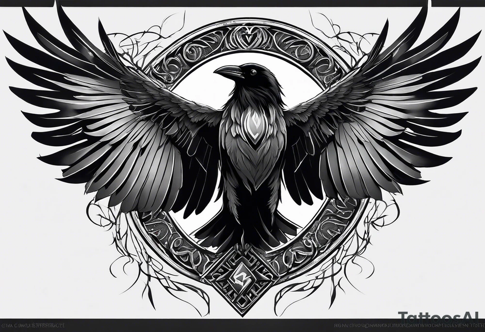 Black and white odins raven in a Norse rune style for placement on the neck with the ravens wings going up the sides of the neck tattoo idea