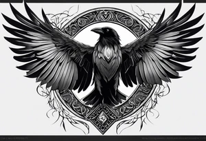 Black and white odins raven in a Norse rune style for placement on the neck with the ravens wings going up the sides of the neck tattoo idea