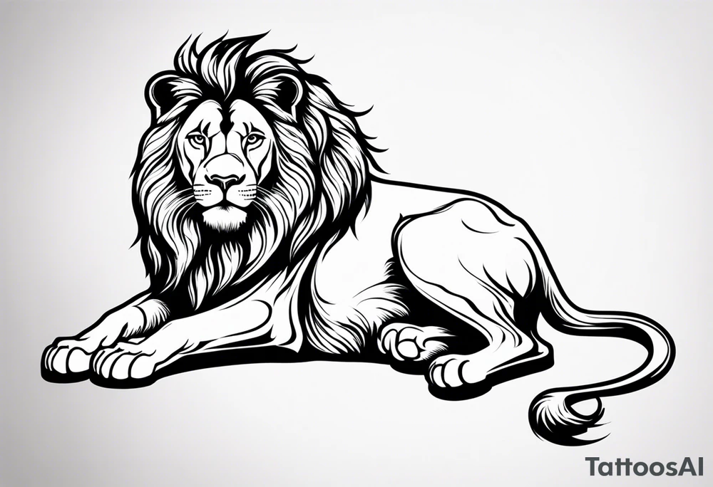 realistic laying lion body tail paws tattoo idea