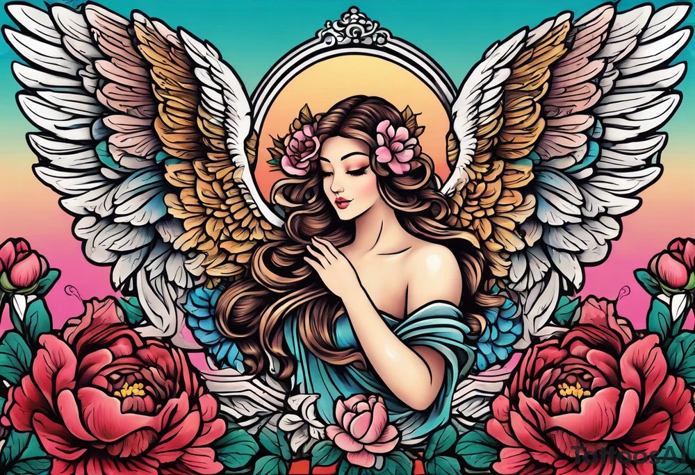 beautiful angel wings with colorful, peonies. beautiful flilligree in the background , full color, traditional old school tattoo idea