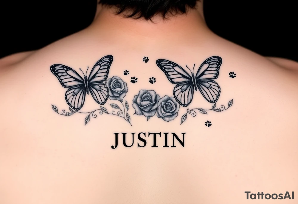 Butterflies with roses and 🐾 paw prints and the name JUSTIN tattoo idea