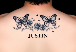 Butterflies with roses and 🐾 paw prints and the name JUSTIN tattoo idea