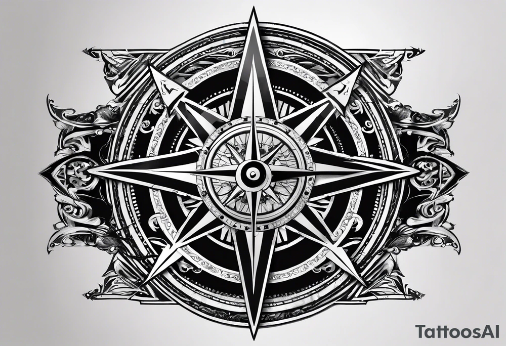 guy faux mask compass. Slashed lettering for the navigational directions and long fencing swords as the arrows tattoo idea