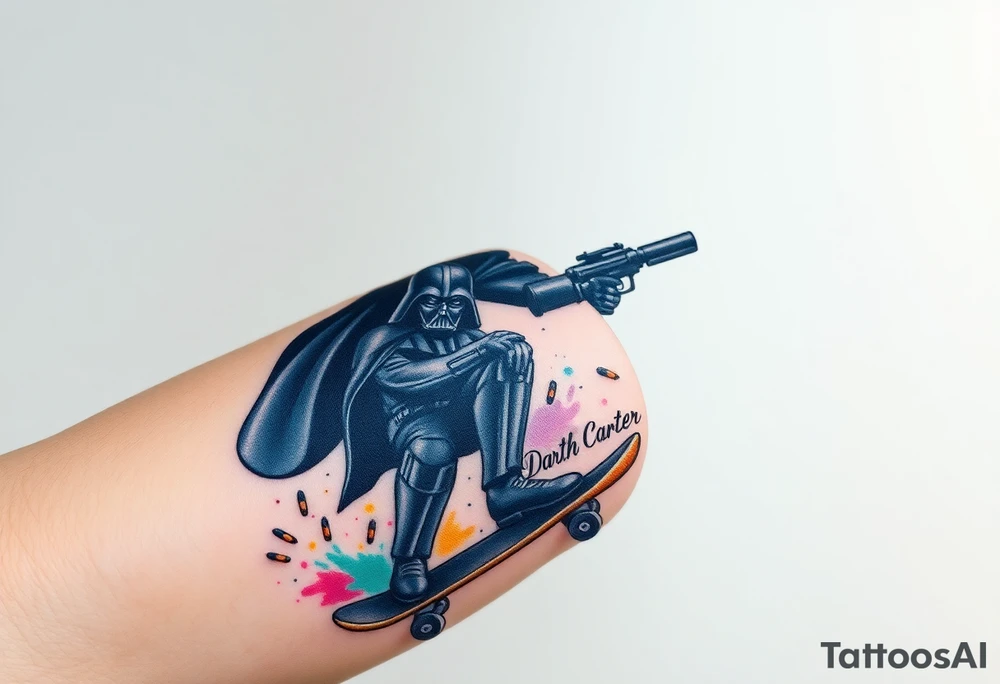 Darth Vader skateboarding with gun> bullets > memorial > god > colors > futuristic/space/starwars
add name "Darth Carter" on skateboard
add date 12/29/88-01/06/24 tattoo idea