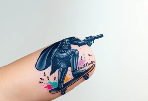 Darth Vader skateboarding with gun> bullets > memorial > god > colors > futuristic/space/starwars
add name "Darth Carter" on skateboard
add date 12/29/88-01/06/24 tattoo idea
