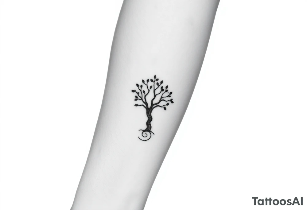 Tree with few leaves, with a SPIRAL line starting from the left side of tree and spiraling outward in a clockwise direction tattoo idea