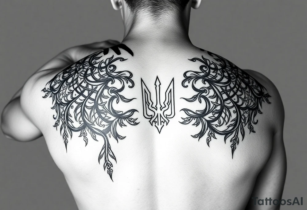 tattoo that starts on the left side of the neck, goes down the left arm to the hand, and also through the left part of the chest, stomach to the right thigh and further to the foot.
The pattern is not continuous, something like a dense web or fibers with woven Ukrainian and military symbols.
On the muscles (biceps, biceps, abs, etc.) the pattern should visually emphasize the structure of the muscles tattoo idea