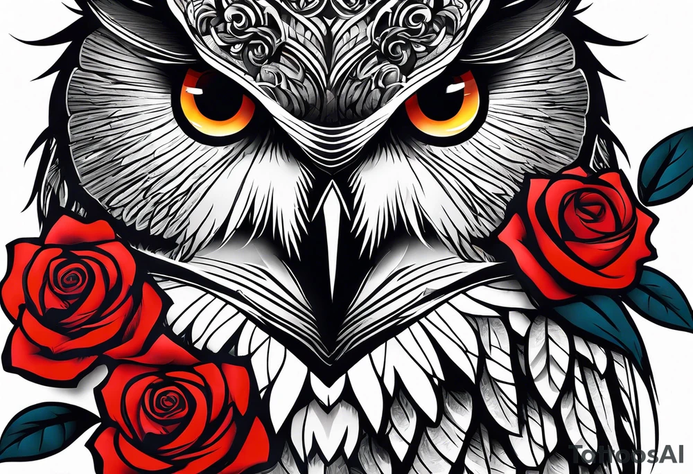 Forearm tattoo Color one Owl with red roses tattoo idea