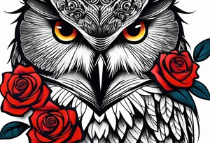 Forearm tattoo Color one Owl with red roses tattoo idea