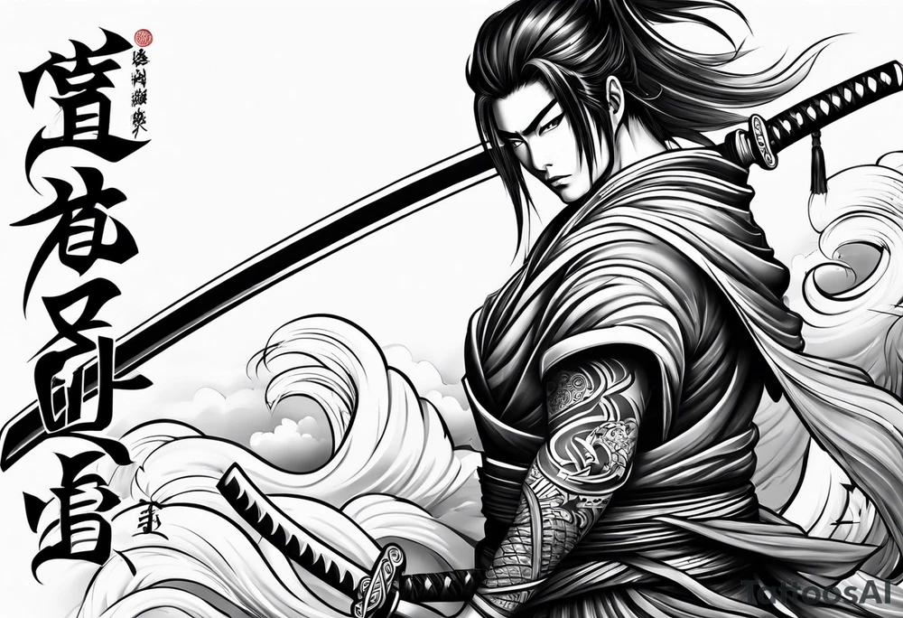 Katana in vortex tribal ondulate tattoo idea
