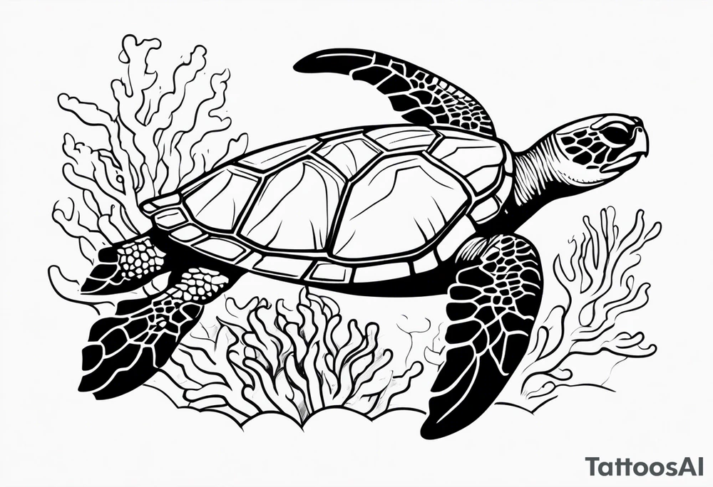 Sea turtle swimming through coral tattoo idea