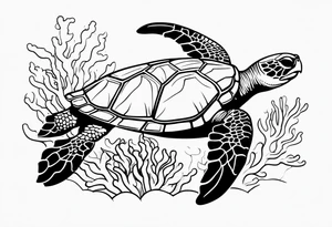 Sea turtle swimming through coral tattoo idea