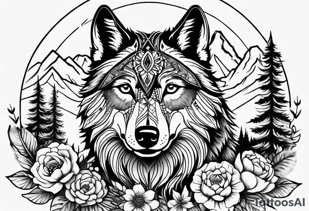 A whimsical wolf tattoo featuring mandala or dream catcher elements, with the wolf as the central focus, surrounded by mountains in the background. Include flowers and nature elements to fill the space around the wolf. Some color but not completely solid bold color tattoo idea