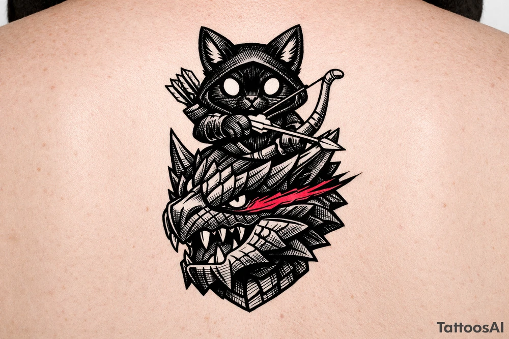 A vertical illustrative tattoo design, 2D vector style. A cute black Palico feline cat with realistic cat ears, and large glowing solid eyes is riding on the back of a Nargacuga dragon. The camera is zoomed in tight as a close-up portrait, showing only the full cat on top and the dragon's head and neck directly below it, acting as a compact pedestal base. The cat is holding a wooden hunter's bow and arrow. The dragon has sleek, smooth, interlocking reptilian wyvern scales, sharp fangs, and a glowing red streak trailing backward from its eye. Thick clean black outlines, clear spacing, solid white background, zero feathery textures, no 3D shading, stencil ready. tattoo idea