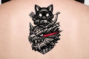 A vertical illustrative tattoo design, 2D vector style. A cute black Palico feline cat with realistic cat ears, and large glowing solid eyes is riding on the back of a Nargacuga dragon. The camera is zoomed in tight as a close-up portrait, showing only the full cat on top and the dragon's head and neck directly below it, acting as a compact pedestal base. The cat is holding a wooden hunter's bow and arrow. The dragon has sleek, smooth, interlocking reptilian wyvern scales, sharp fangs, and a glowing red streak trailing backward from its eye. Thick clean black outlines, clear spacing, solid white background, zero feathery textures, no 3D shading, stencil ready. tattoo idea