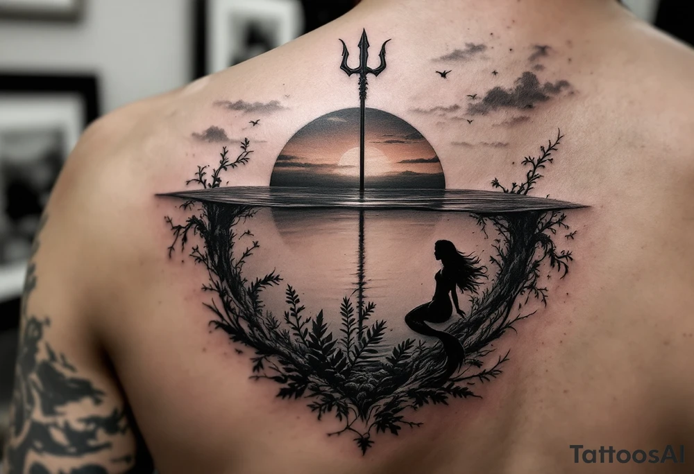trident half way under calm water with sunset and mermaid tattoo idea