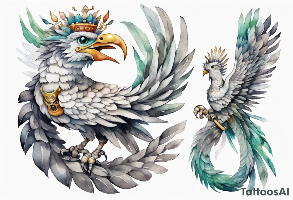 a solitary white  Quetzalcoatl wearing a grey crown tattoo idea