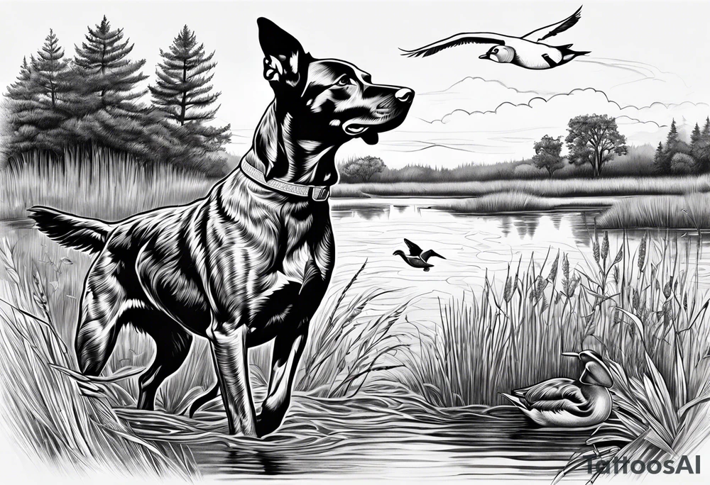 bird dog retrieving duck from marsh tattoo idea