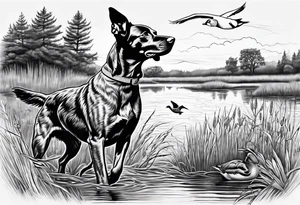 bird dog retrieving duck from marsh tattoo idea