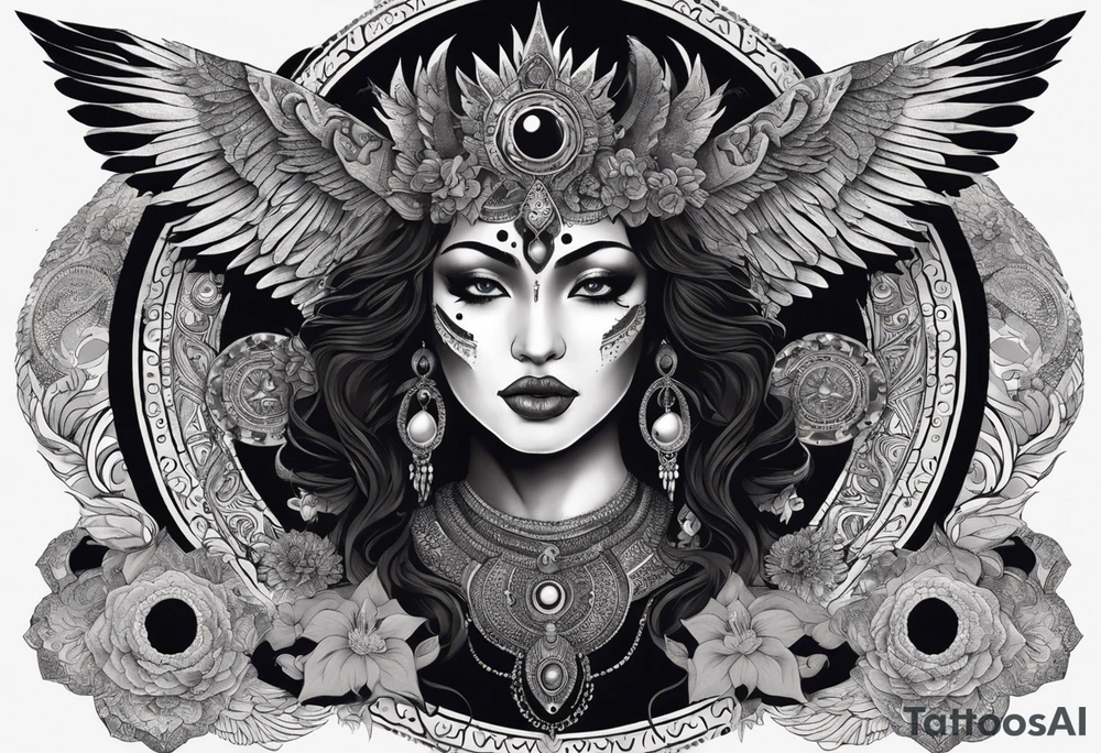 black kali, goddess pirate, alien, angel, pachamama, valkrye, warrior, flying, skull, lotus azul, wing, eagle, zenza resonance, stars, 5D, anahata chakra, death, durga, riding on a tiger, flying lady, kundalini, chest tatoo, samuri, rebel,serpent tattoo idea