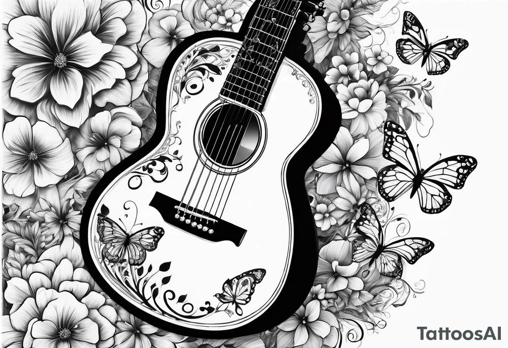 Single electric acoustic Guitar in shape with flowers growing off the side, butterflies tattoo idea