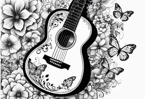 Single electric acoustic Guitar in shape with flowers growing off the side, butterflies tattoo idea