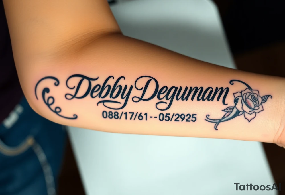 Tattoo of the name Debby Deguzman in chunky bold curly cursive with the exact dates of 08/17/61-05/29/25 surrounded by 1 hummingbird and 1 rose tattoo idea