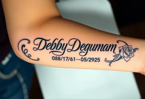 Tattoo of the name Debby Deguzman in chunky bold curly cursive with the exact dates of 08/17/61-05/29/25 surrounded by 1 hummingbird and 1 rose tattoo idea