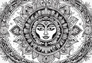 Mexican feminine alien Sun and moon. Freeform rectangular sternum swirls with dots and stars tattoo idea