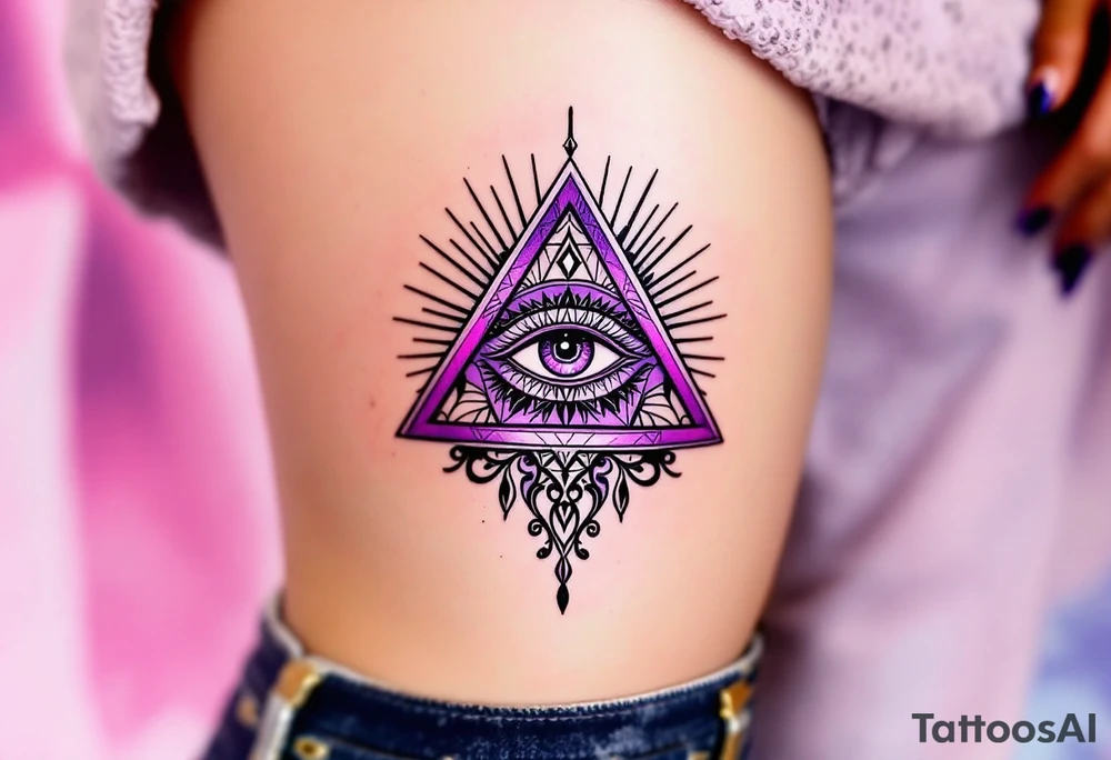 A purple triangle with a third eye in the center, radiating mysticism and awareness placed under collarbone tattoo idea