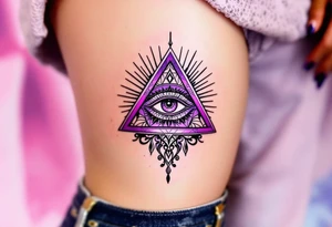 A purple triangle with a third eye in the center, radiating mysticism and awareness placed under collarbone tattoo idea