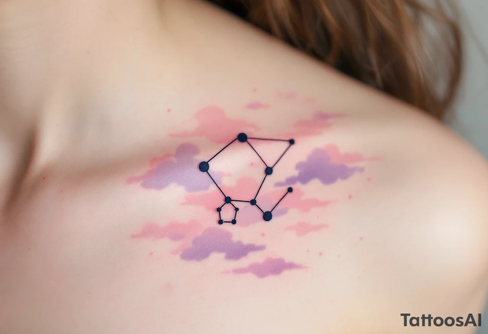 A soft pastel rendering of the Capricorn constellation on the collarbone, with pink and lavender clouds behind it. tattoo idea