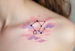A soft pastel rendering of the Capricorn constellation on the collarbone, with pink and lavender clouds behind it. tattoo idea