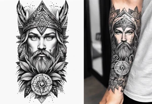 arm sleeve tattoo with Viking compas and all-seeing eye with jungle plants tattoo idea