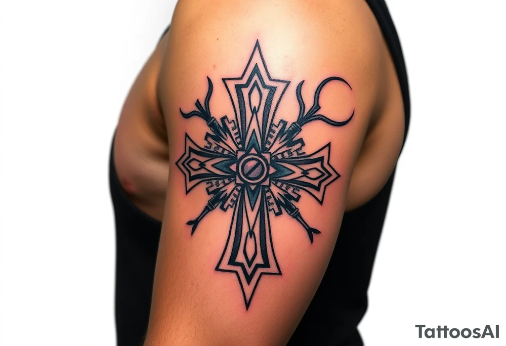 A bio-mechanical Maltese cross fused with gears and wires, combining organic and mechanical elements tattoo idea