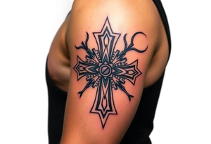 A bio-mechanical Maltese cross fused with gears and wires, combining organic and mechanical elements tattoo idea