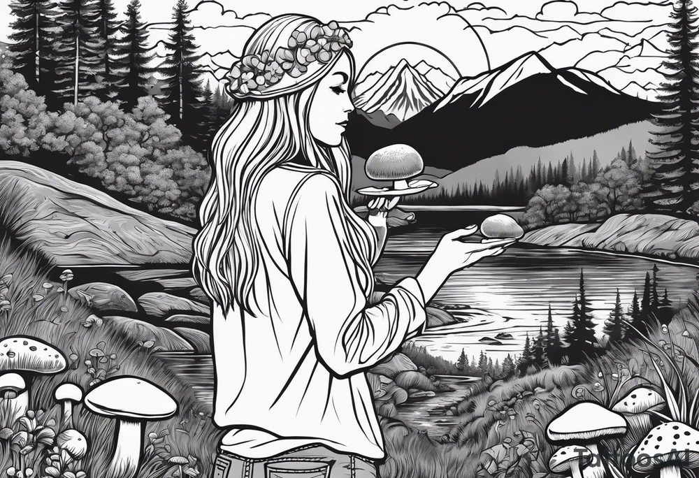 Whole picture encircled fully

Straight long blonde hair hippie girl in distance holding mushrooms in hand facing away toward mountains and creek surrounded by mushrooms long sleeve shirt and hiking pants; whole rendering within a full circle, no cut off circle tattoo idea